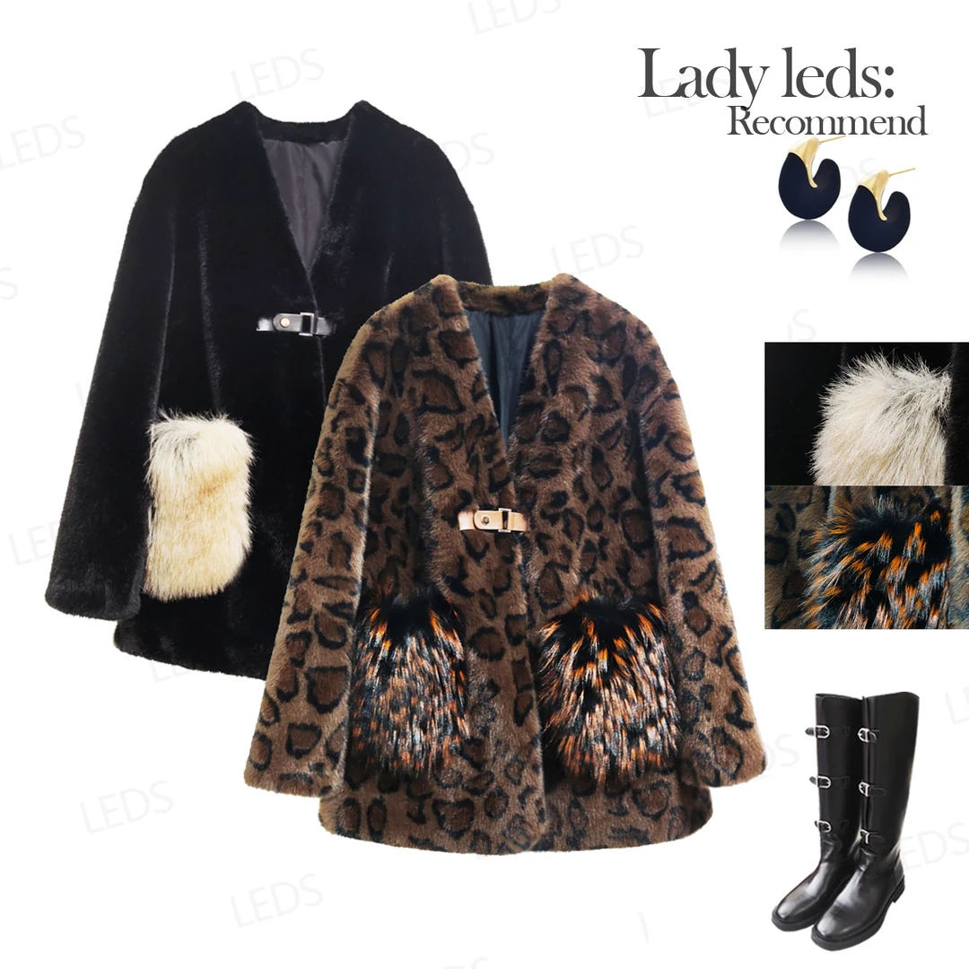 LEDS 28195冬季新款轻奢气质单皮口无领毛毛外套