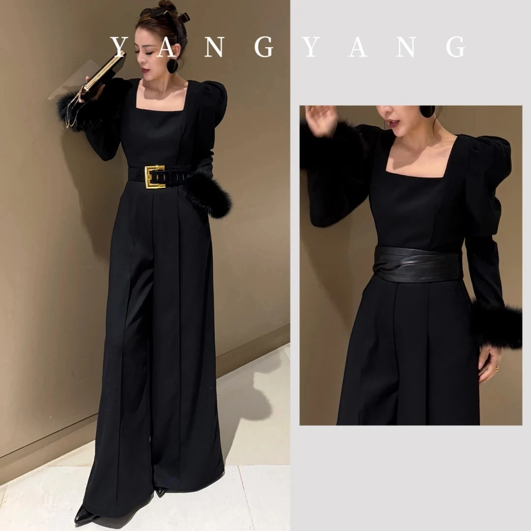 YANGYANG 黑色长袖高腰直筒裤设计师连体裤