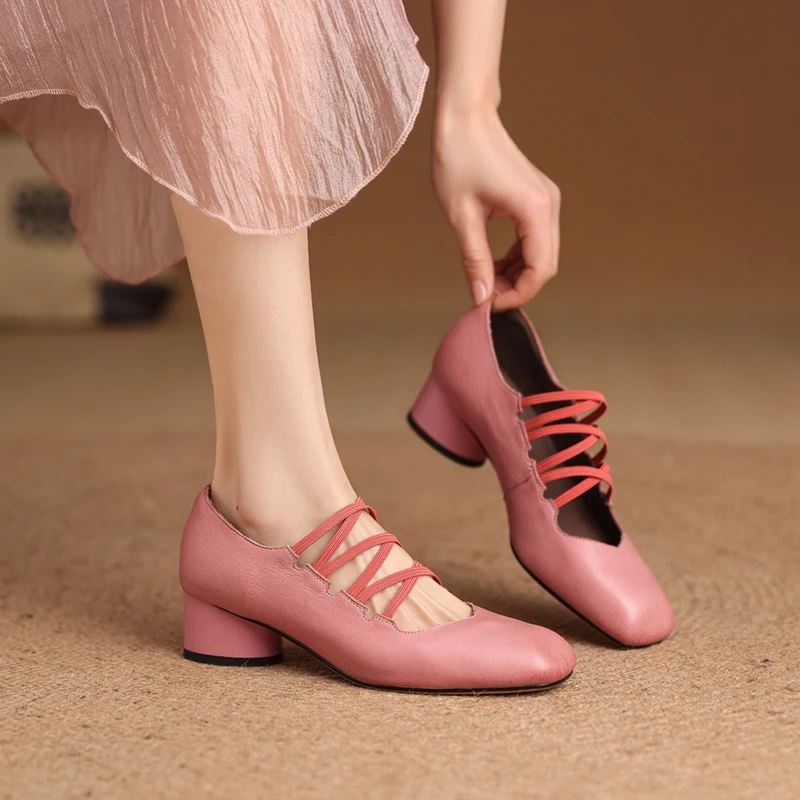 粉色甜美方头粗跟真皮玛丽珍鞋女法式交叉带中跟女鞋气质单鞋轻奢