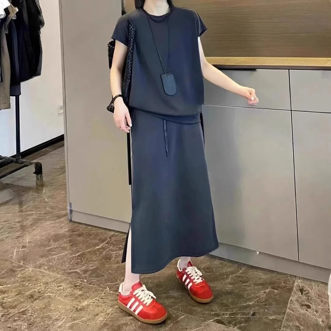 欧货大码高级感短袖半身长裙套装女夏季300斤胖mm显瘦百搭两件套