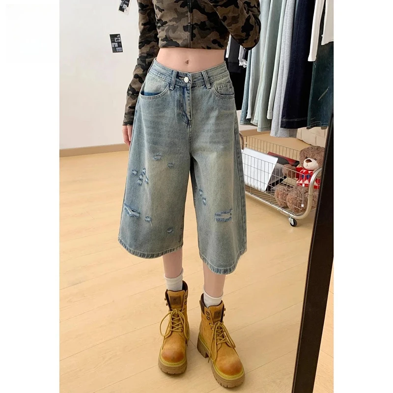 300斤大码梨形身材破洞牛仔短裤女夏季裤子胖mm显瘦阔腿七分裤子