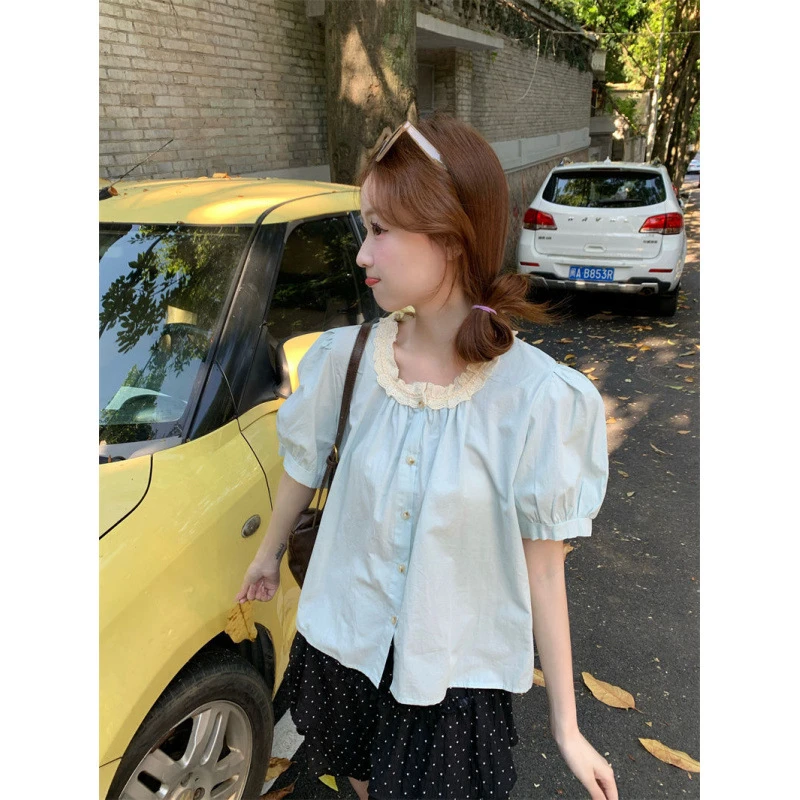 新款甜美花边拼接泡泡袖衬衣上衣女宽松减龄短袖蓝色衬衫
