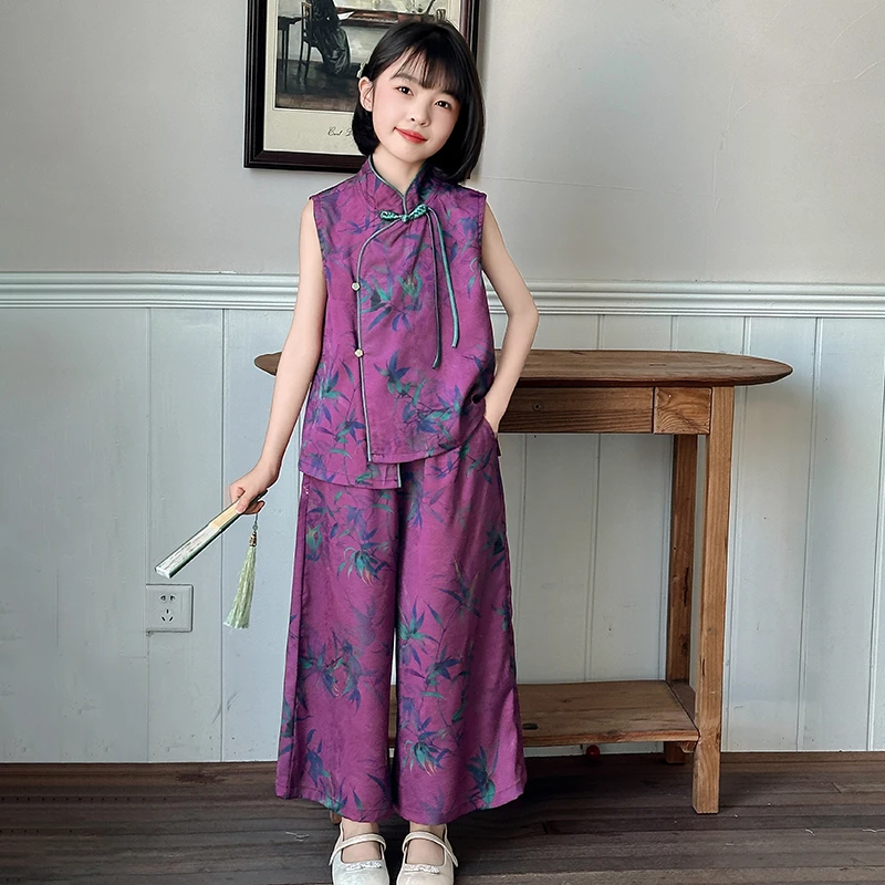 汉服女童夏季套装2025新款洋气时髦复古风儿童装无袖阔腿裤两件套