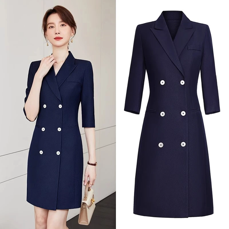 藏青职业连衣裙通勤美容院面试气质名媛优雅售楼部工装工作服D056