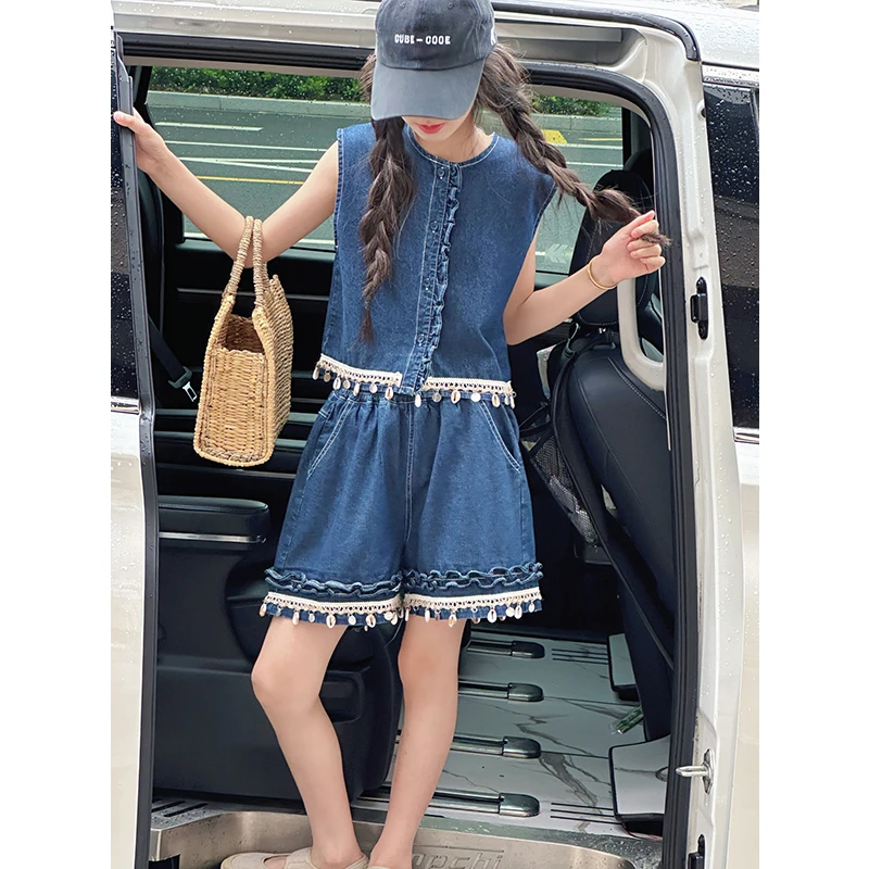 K29311波西米亚风女童牛仔套装2025新款夏装儿童背心短裤两件套