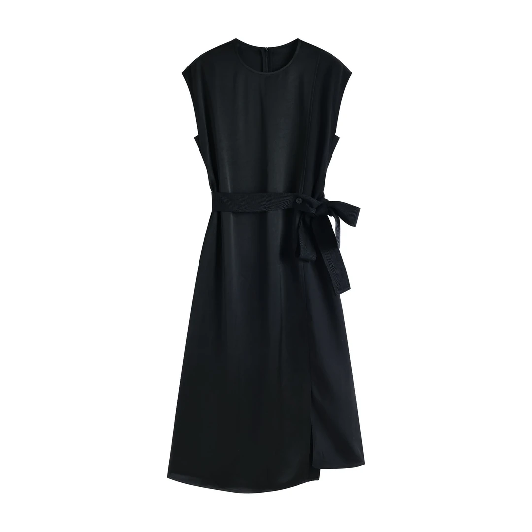 31089【宝Z订单】腰部饰带早秋无袖松身中长连衣裙0914