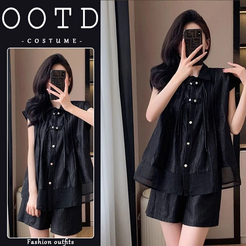 美式别致显气质套装女夏季新款提花复古盘扣衬衫搭配休闲运动短裤