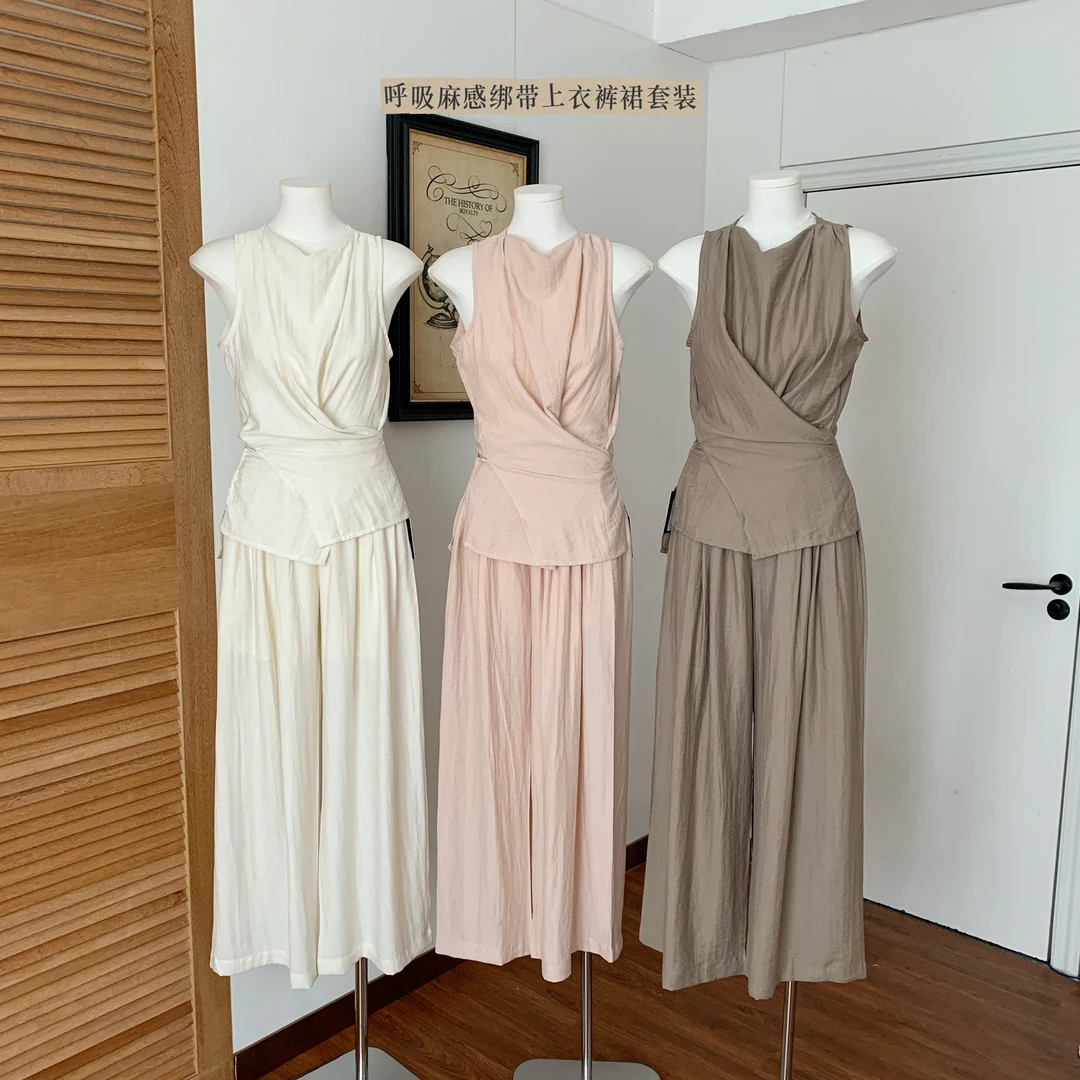 YYSTUFF/呼吸麻感背心绑带上衣女夏松紧腰宽松休闲裤裙套装新品夏