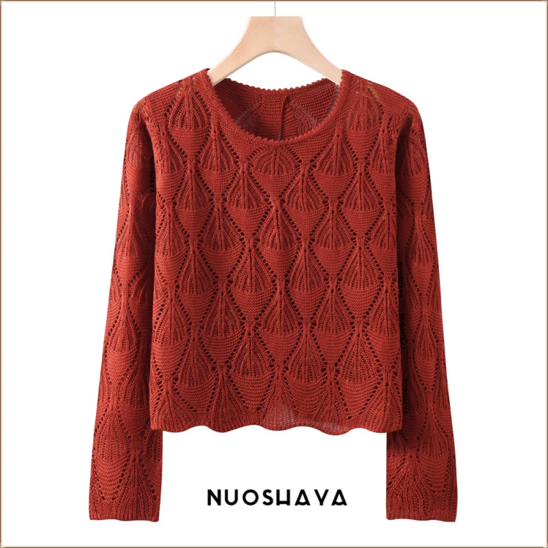 安可拉红秋季新款针织衫长袖镂空外搭女短款罩衫上衣宽松薄款
