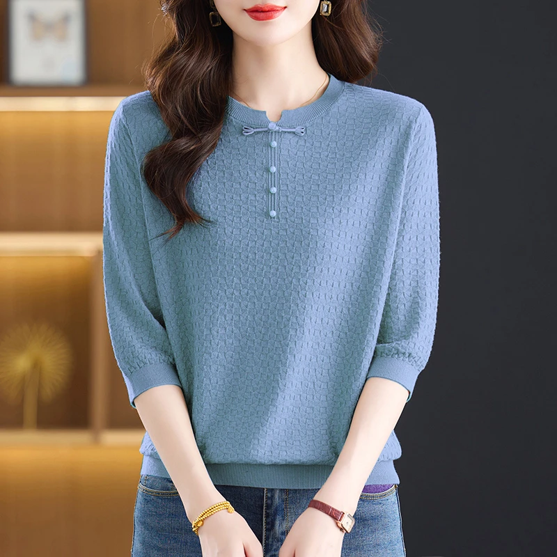 春秋七分袖上衣女国风大码中袖薄款针织衫小衫