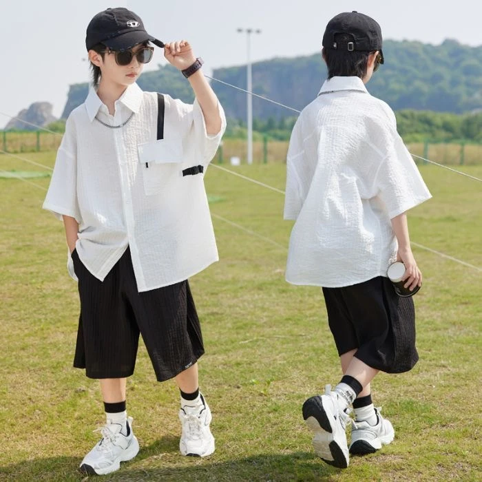 儿童套装男童夏季夏装中大童韩版衬衫洋气时尚休闲薄款男孩夏款
