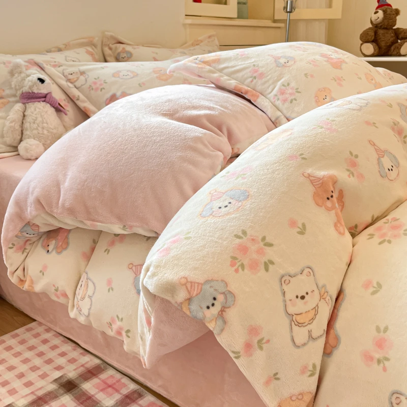冬季牛奶绒四件套卡通印花女孩学生床上三件套加厚加绒床单被套