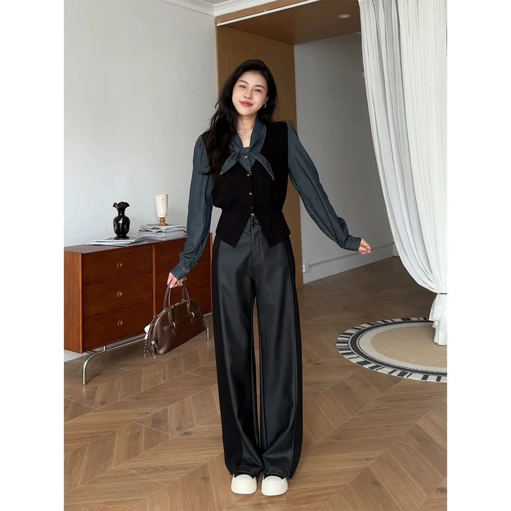 张阿星【柏林物语】复古牛仔领结拼接假两件收腰衬衫+垂感修容皮裤