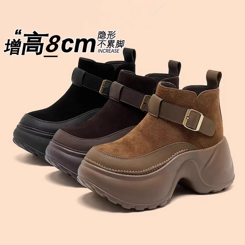 【孟子义同款】增高8cm～三福厚底加绒短靴秋冬保暖小个子马丁雪地靴