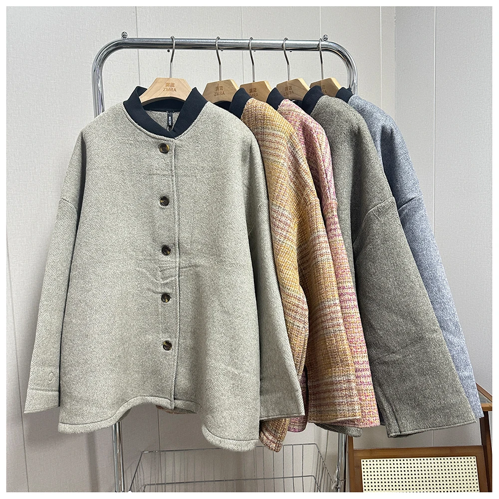 2WT001春季新款宽松百搭格纹毛呢外套