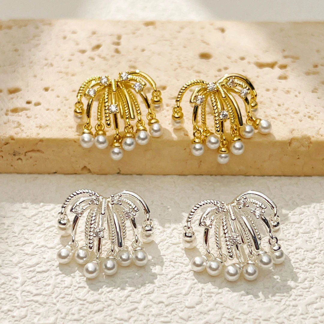 铜合金合成锆石耳饰 百搭流苏瀑布耳环气质法式烟花时尚耳饰轻奢