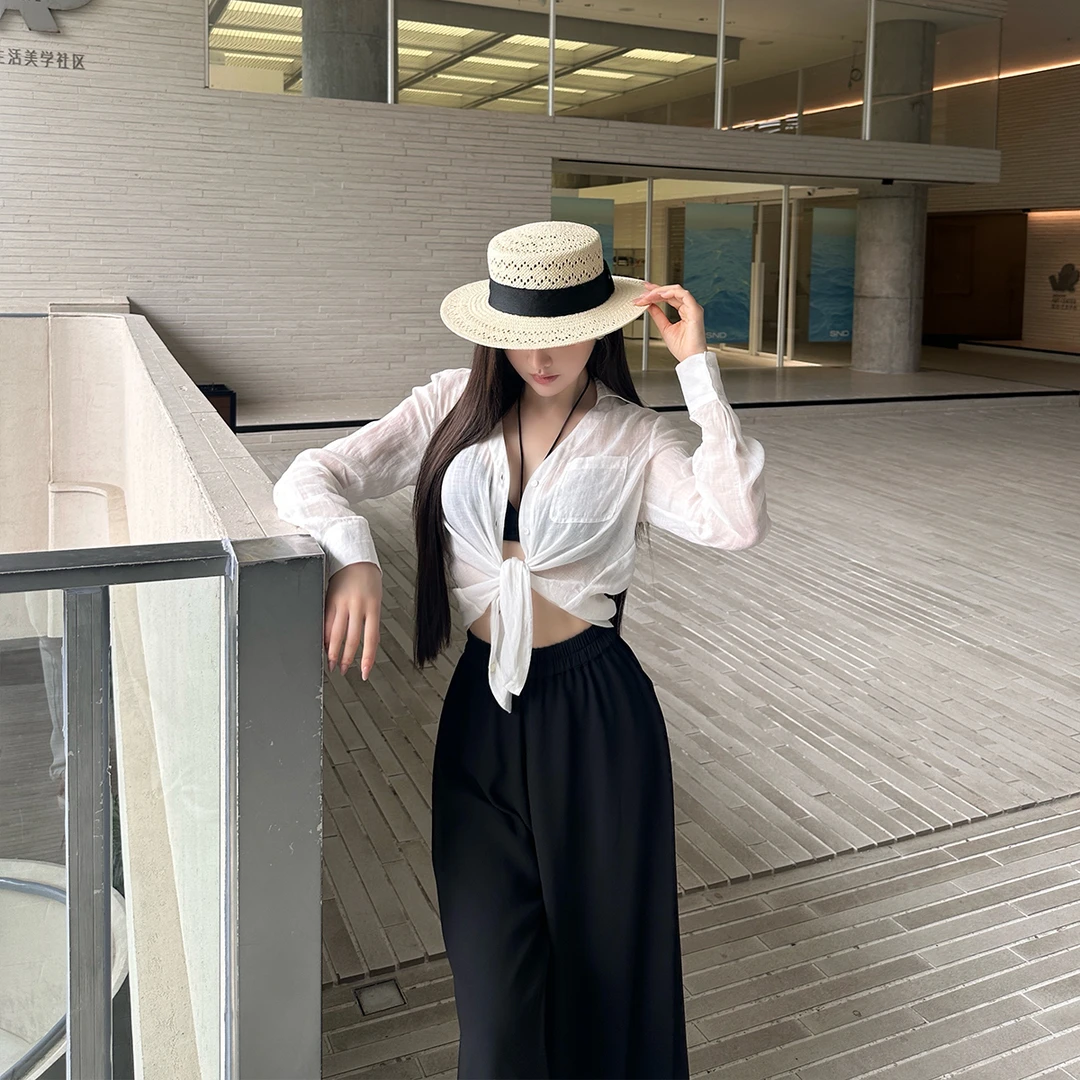 SX善喜简约舒适苎麻衬衣女微透性感薄款衬衫气质显瘦休闲宽松上衣