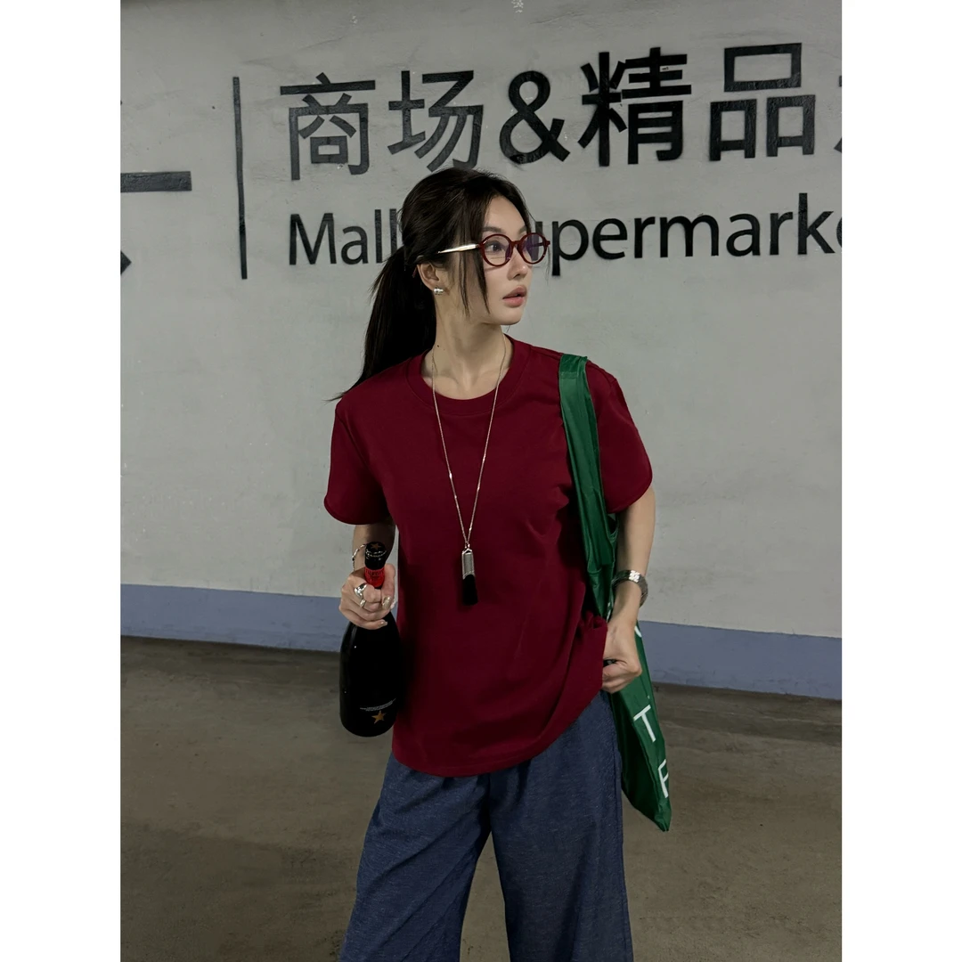 【雾阳轻语】“小红T”高质量设计感亮色透气显白短袖卷边T恤21533