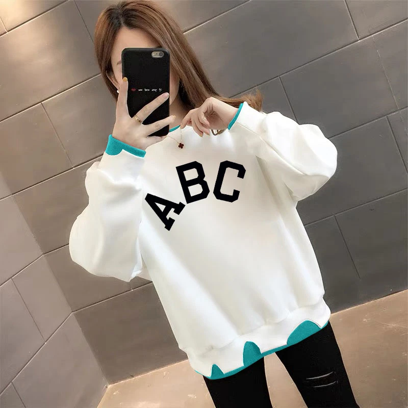 加绒/不加绒字母印花长袖卫衣女假两件秋冬新款宽松休闲百搭上衣