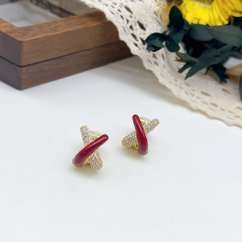 铜合金仿水晶耳饰 耳夹 02907 好啊商店 拼色交叉耳夹