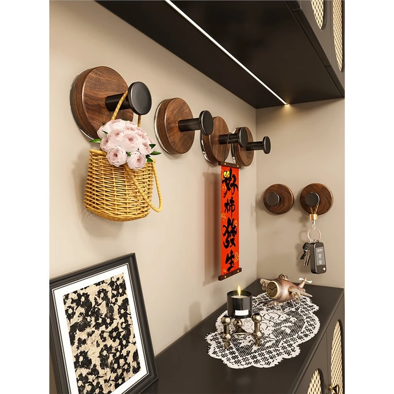 复古桃木色吸盘挂钩免打孔门后挂钩入户卧室中古风衣帽钩强力粘胶