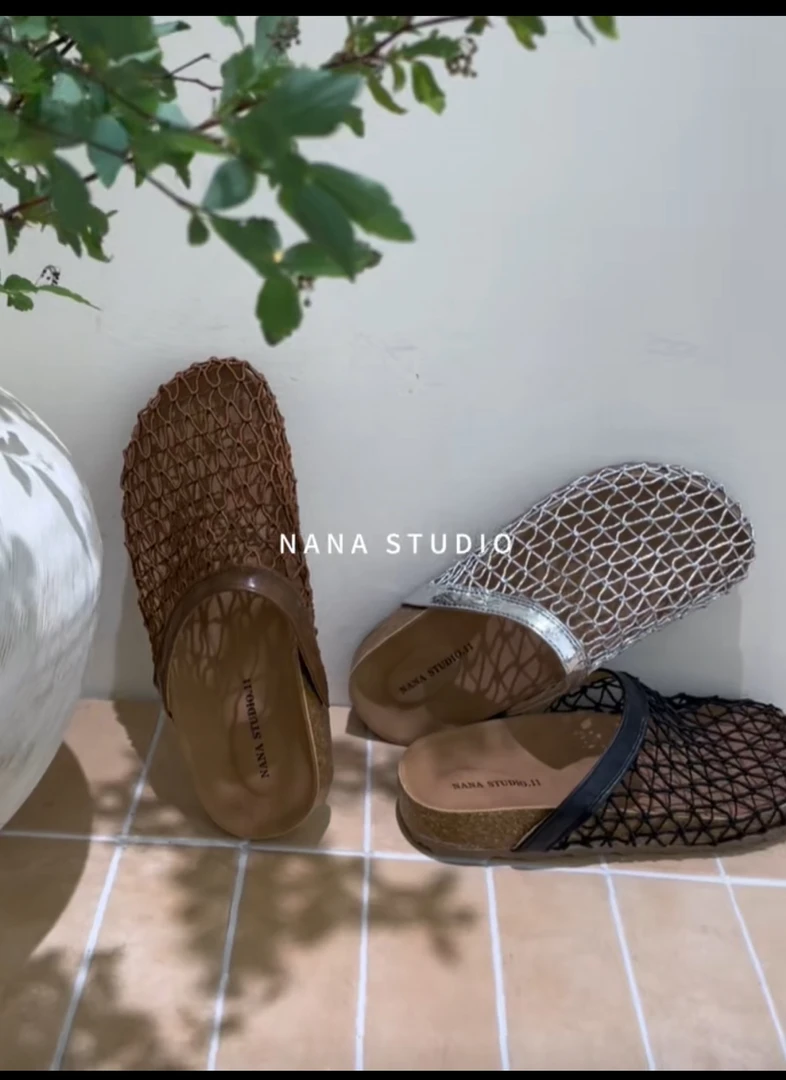 夏日新宠！小众设计渔网半拖鞋编织网面镂空厚底外穿拖鞋女660-22