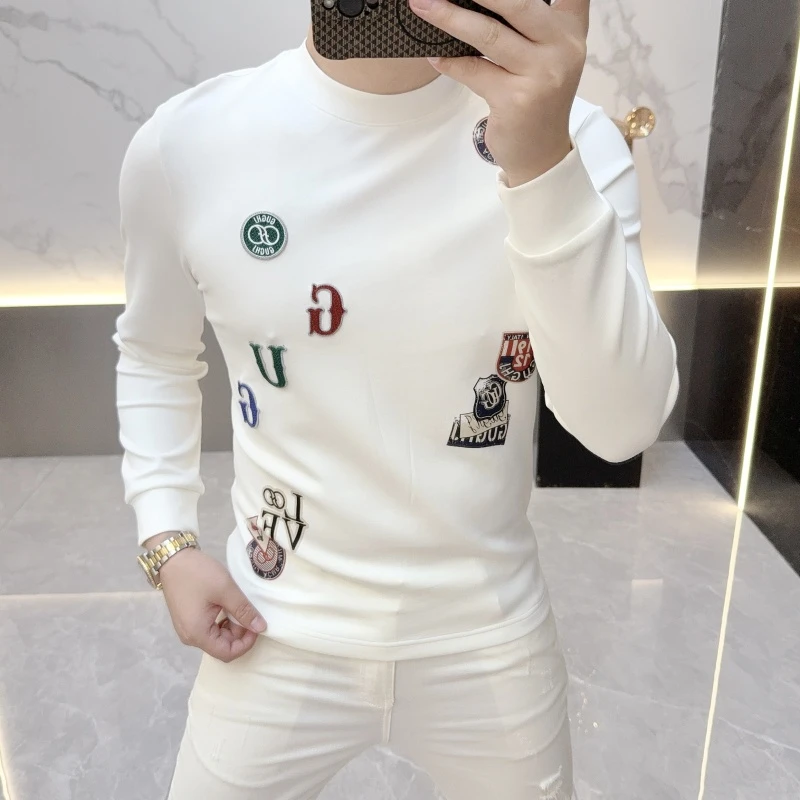 2025秋冬季新款男士加绒卫衣潮牌字母印花圆领百搭打底衫修身休闲