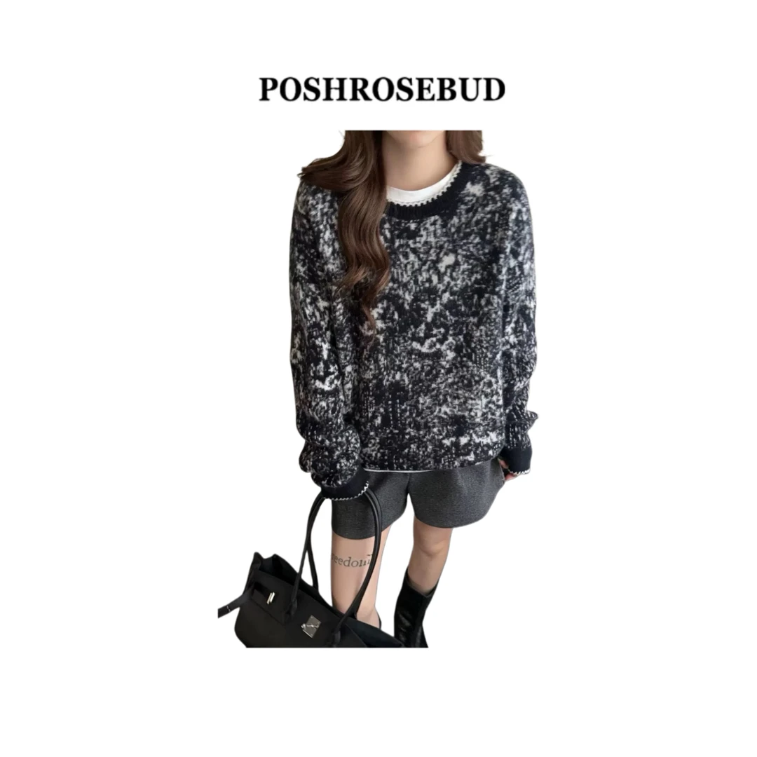 【POSHROSEBUD】冬季新款水墨画慵懒风宽松显瘦浣熊绒针织套头毛衣
