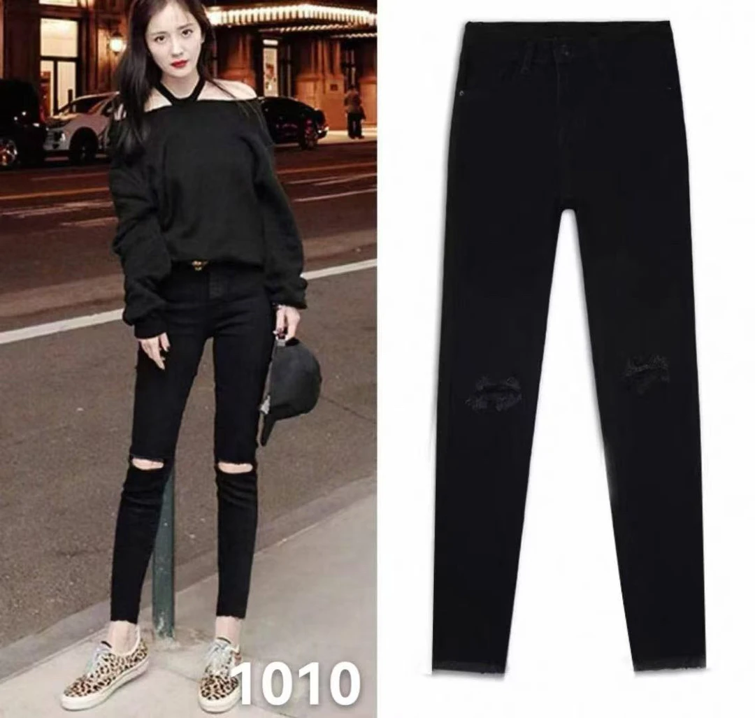 小两口依优显瘦高腰黑色九分春秋破洞休闲裤1010