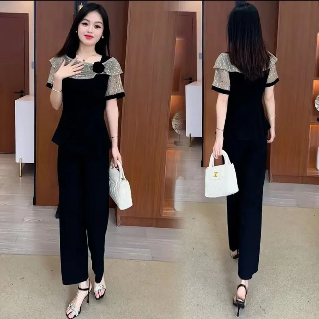 小个子时尚套装女穿搭一整套夏季新款蕾丝拼接洋气上衣减龄两件套