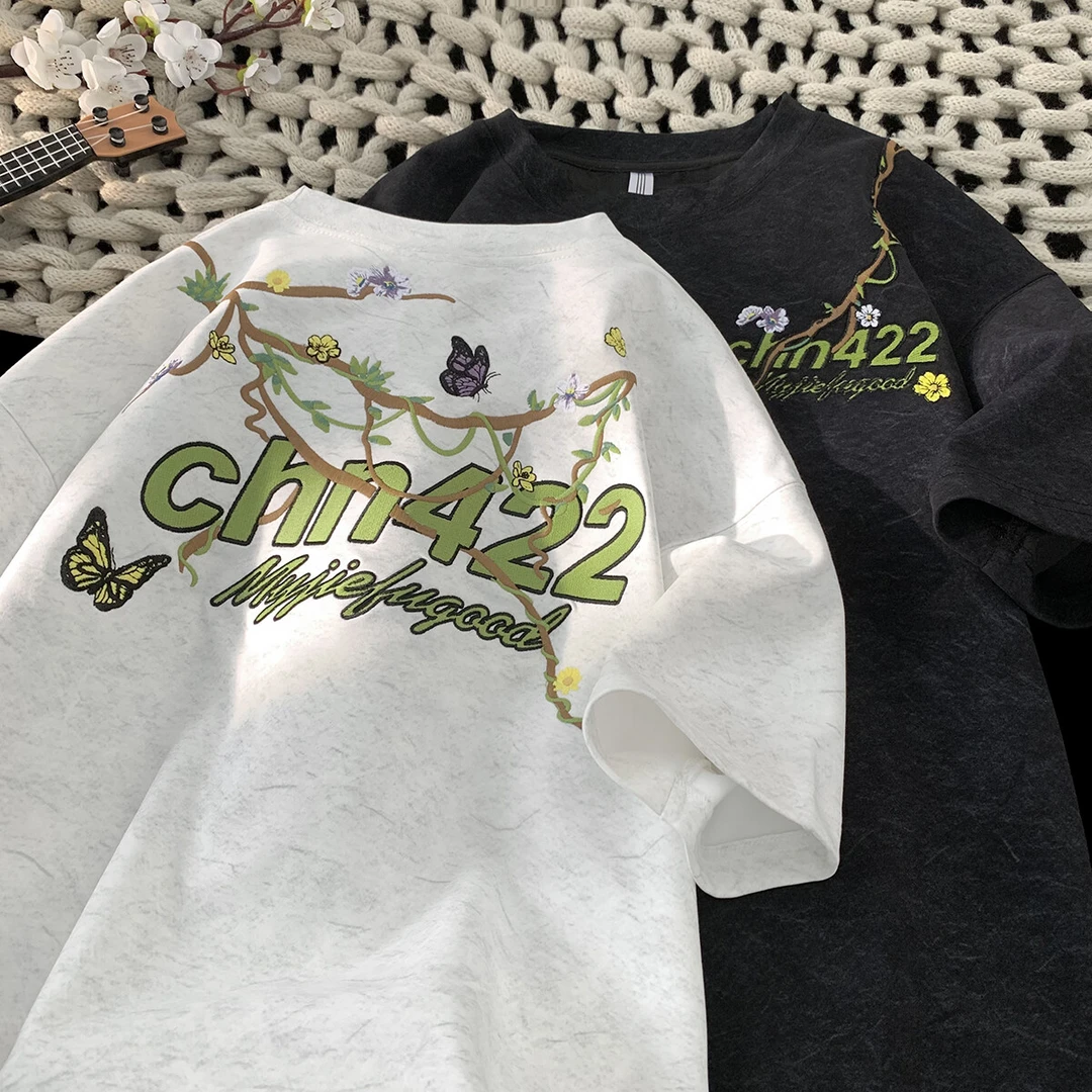 夏季新款百搭薄款短袖T恤男美式潮牌设计感刺绣凉感透气中袖体恤