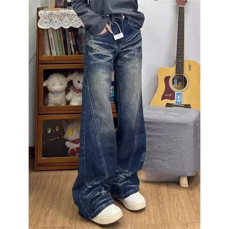 高个子加长版复古低腰微喇牛仔裤女春季新款宽松直筒拖地喇叭裤子