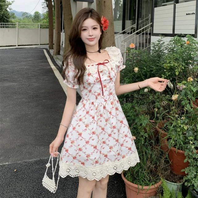 大码胖MM春夏斜肩中长裙蕾丝法式夏季大码连衣裙短袖碎花小个子