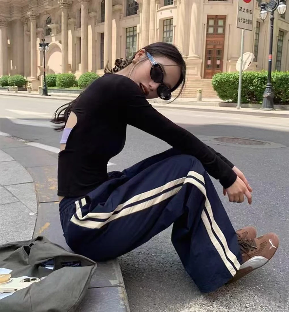 美式复古侧边条纹休闲裤女夏季直筒卫裤宽松显瘦阔腿运动速干裤子