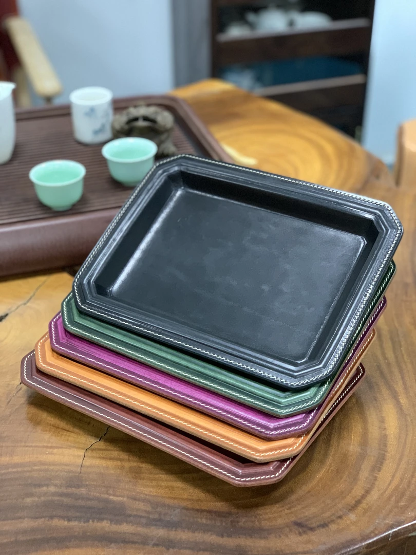 牛皮手工托盘 复古多色茶具收纳盘 家用茶桌装饰盘 高端礼品盘