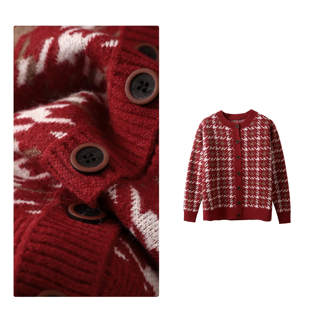 现货！门店24&9！圆领单排扣~千鸟格秋冬女式针织开衫H00672