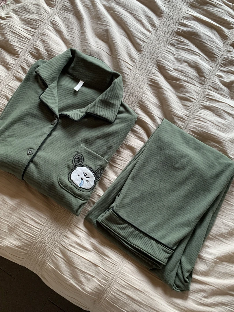 睡衣秋冬新款翻领德绒长袖开衫简约情侣款家居服套装男女可外穿