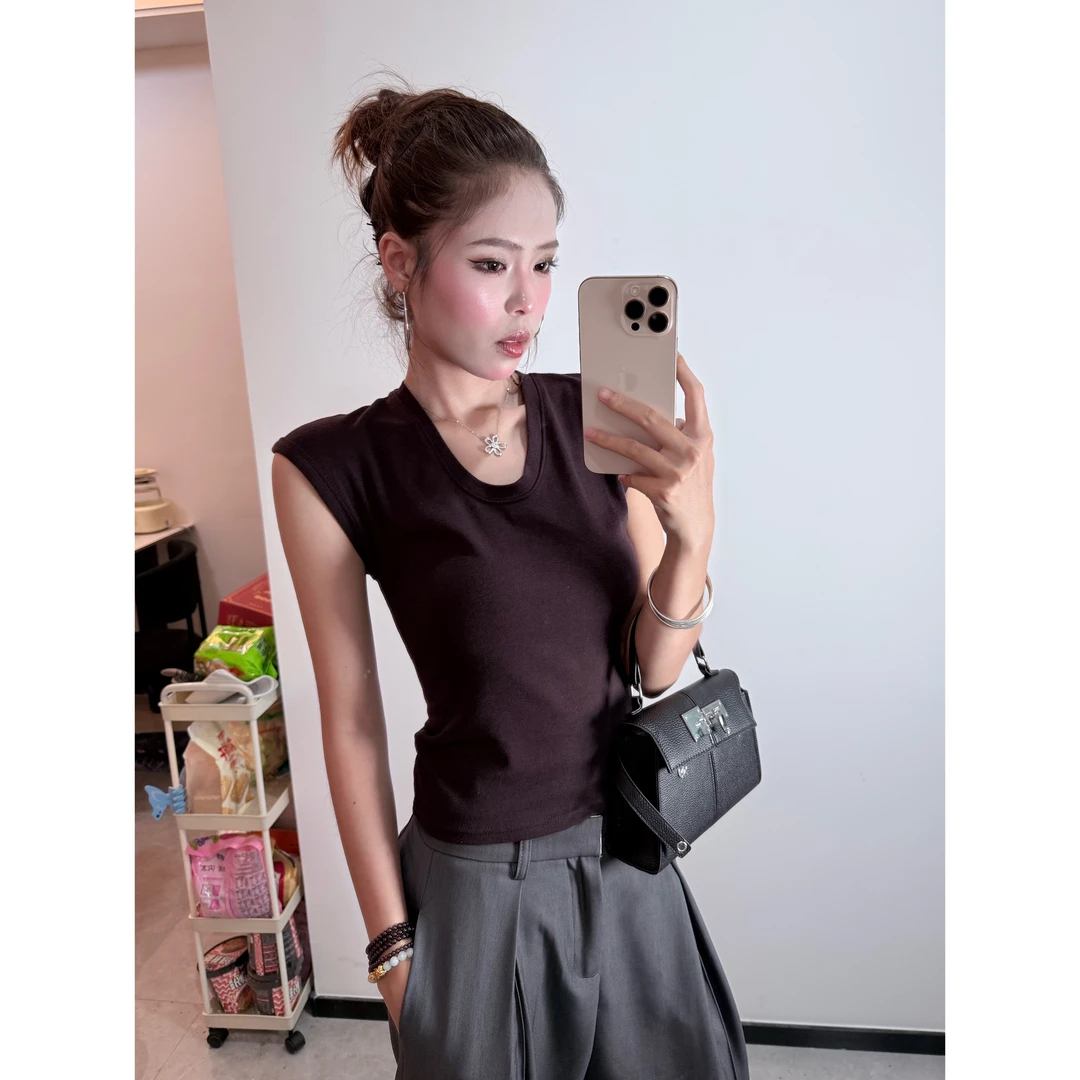 2025早秋新款鸡心领拼接短袖常规款飞飞袖T恤打底衫无袖内搭上衣