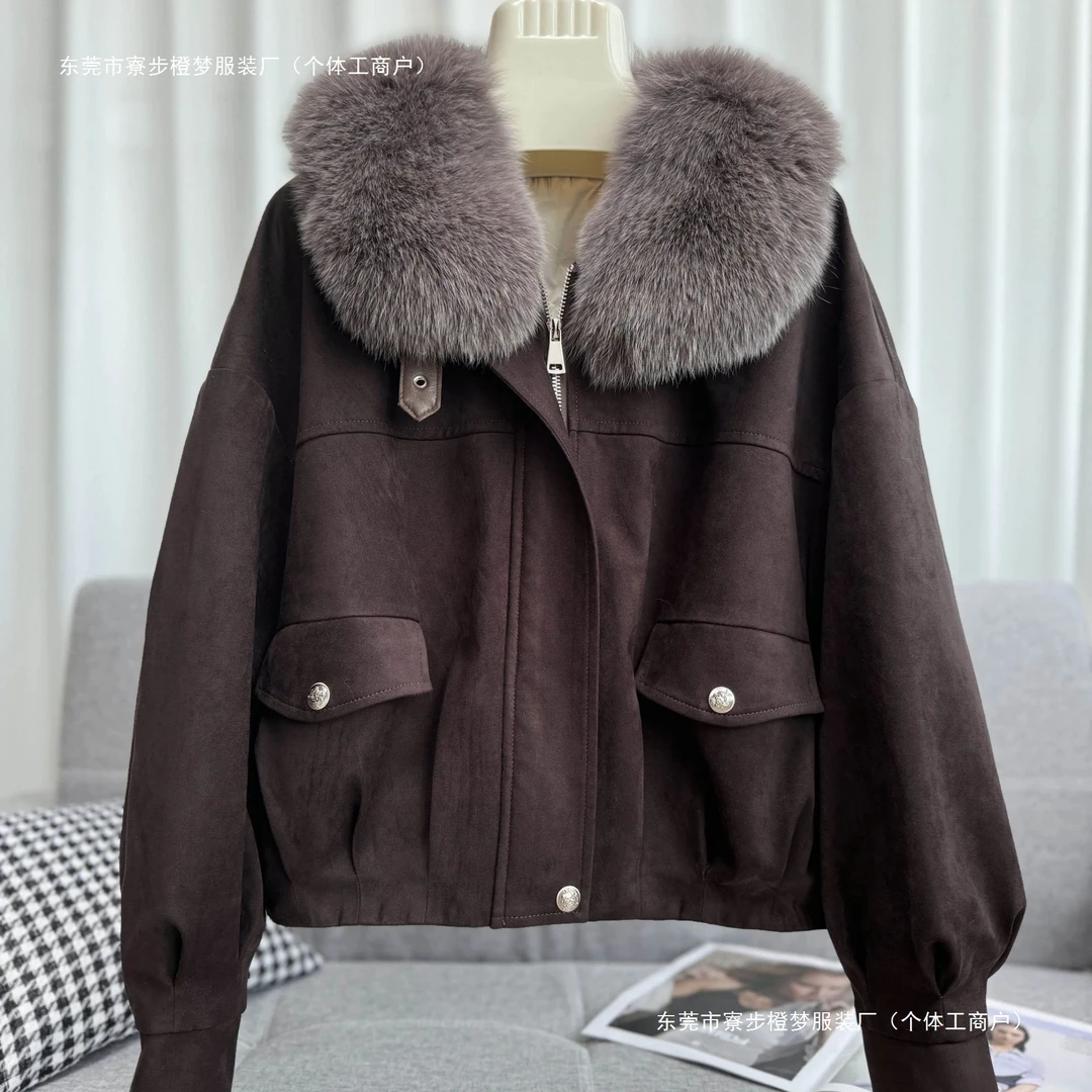 现货1643短款通勤风连帽女POLO领常规长袖拉链外套巧克力色秋冬