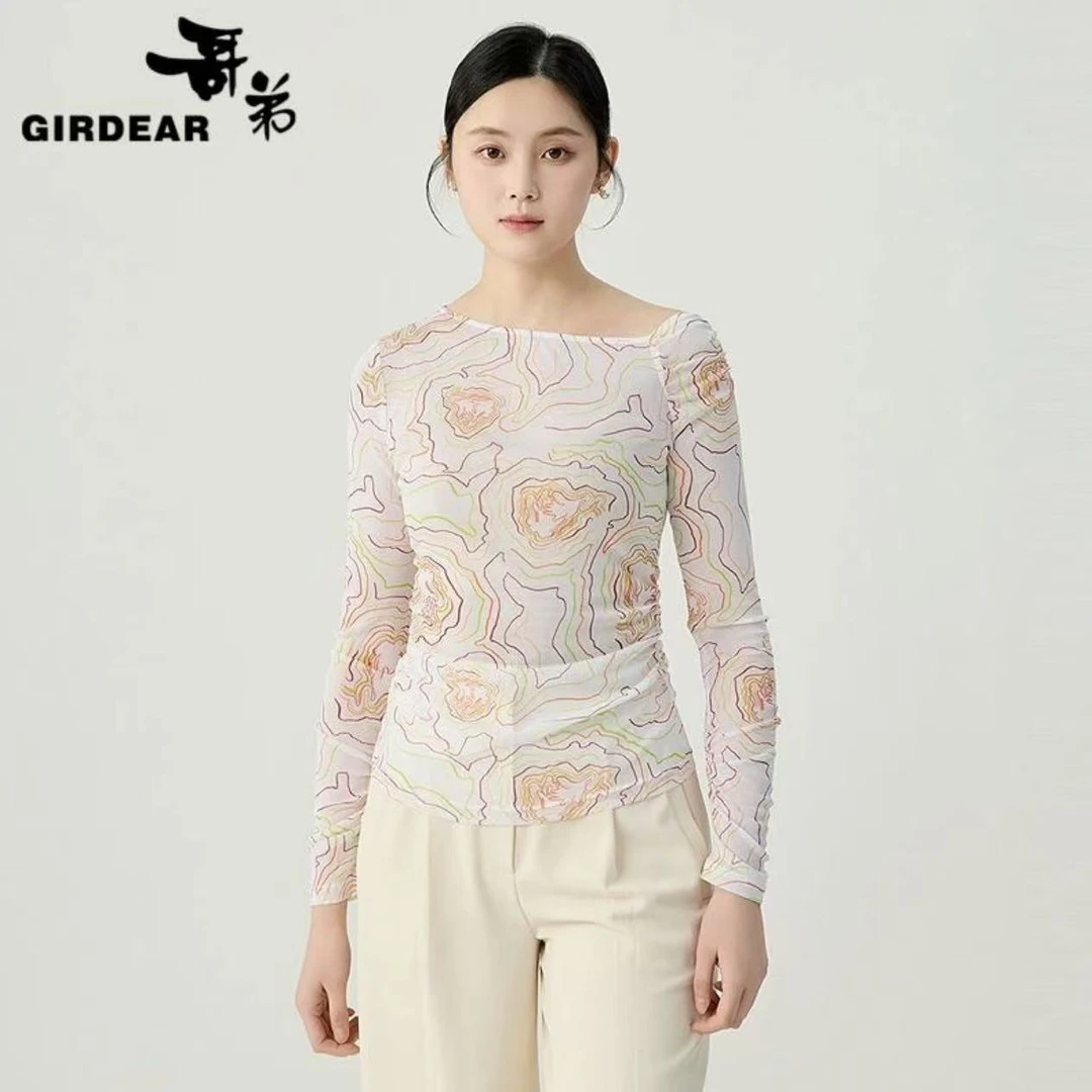哥弟品质女装新款时尚斜方领设计空气感丝网长袖T恤上衣女1301051