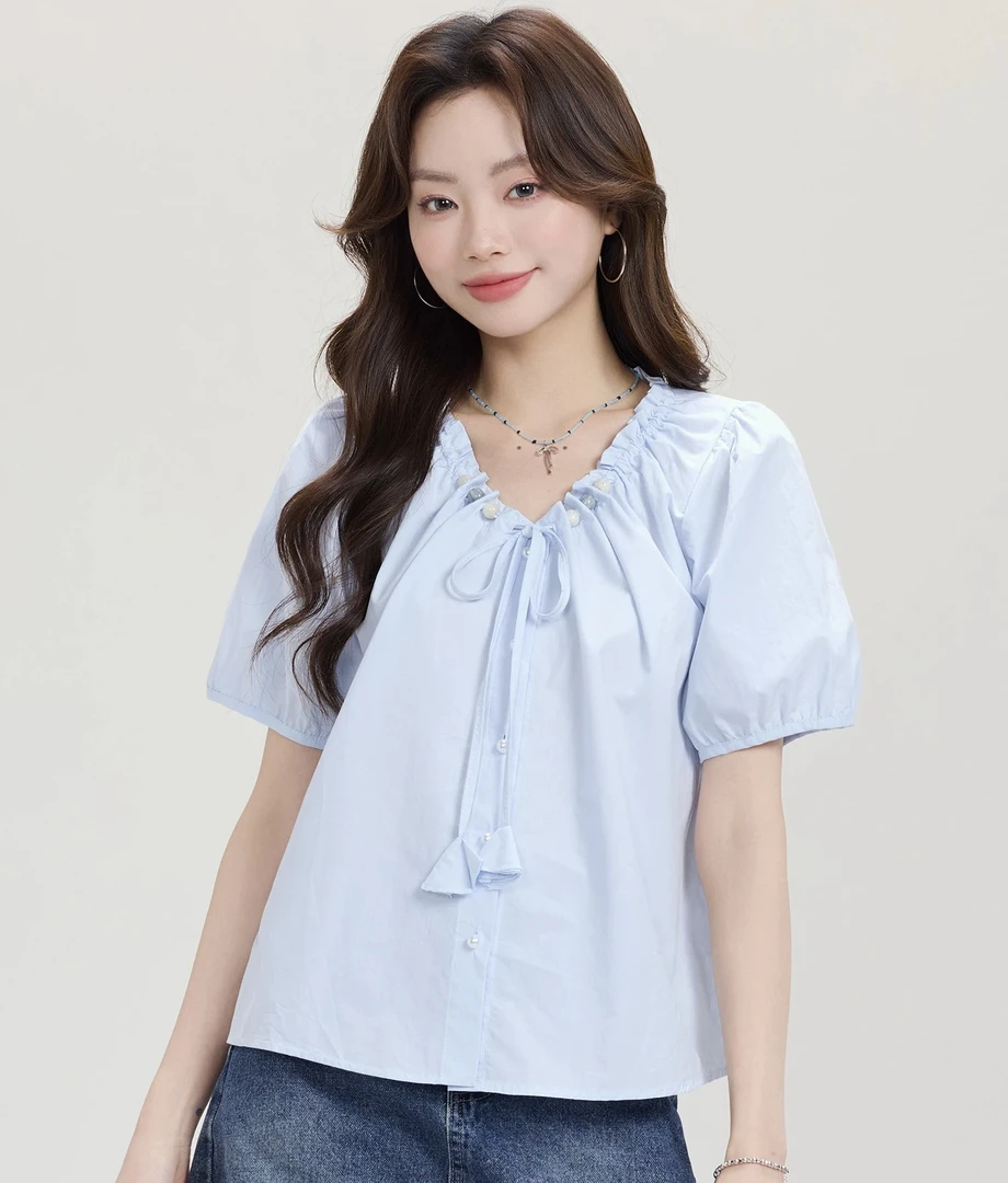十三行新款韩版简约褶皱串珠抽绳系带短袖娃娃衬衫女显瘦上衣小衫