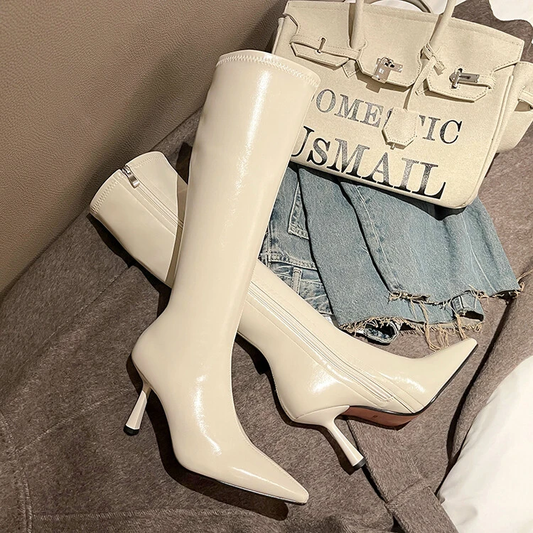 花思宇细高跟瘦瘦靴长筒不过膝尖头高筒纯色后拉链弹力靴长靴白色