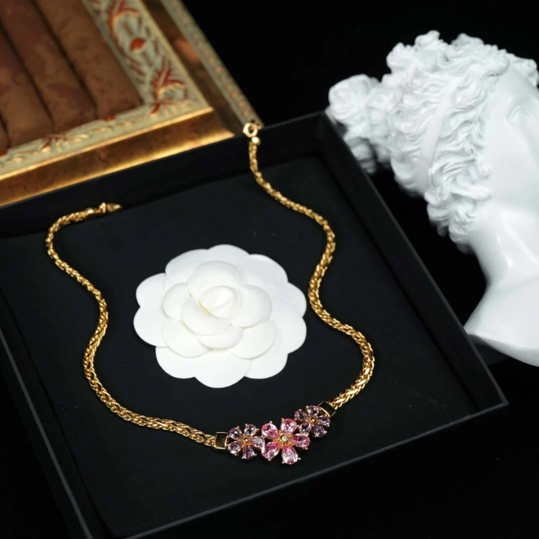 95新 DIOR/迪奥 柚礼中古/迪奥粉紫花朵素金项链LZ409797