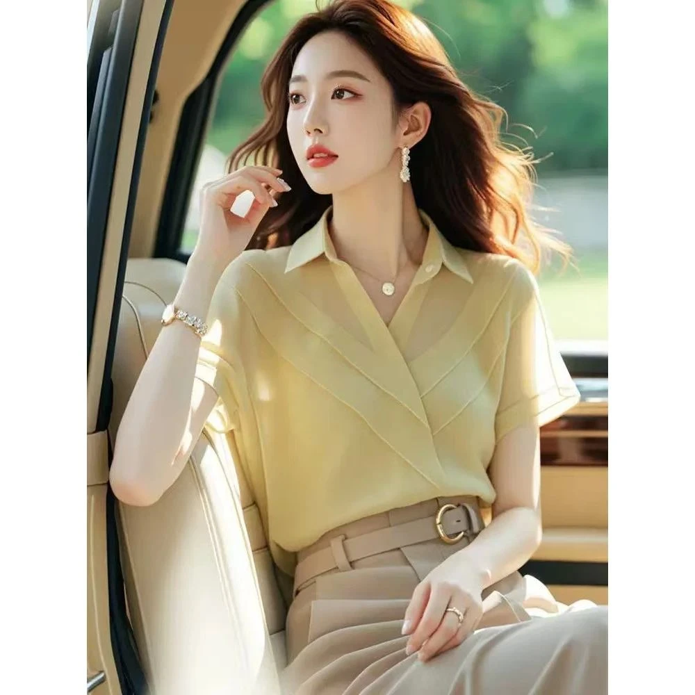 2025年新款今年流行漂亮小衫法式上衣衬衣黄色雪纺短袖衬衫女夏季