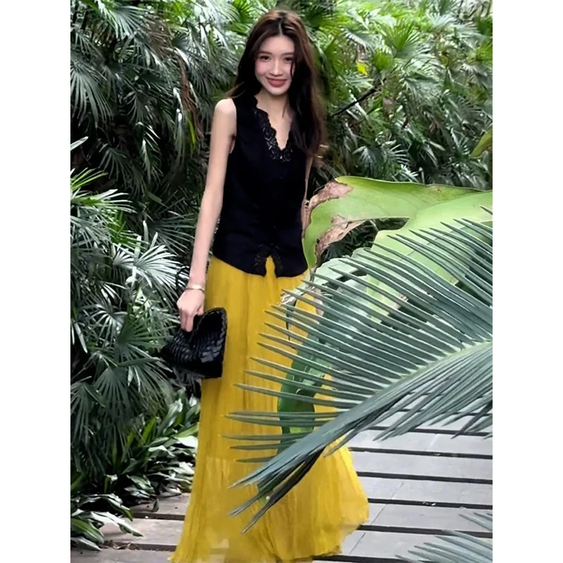 夏季新款法式复古高级感气质名媛小香风蕾丝边马甲半身裙两件套装