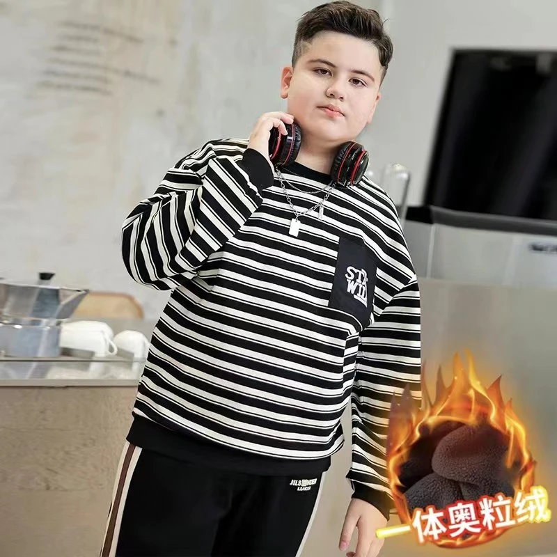 胖童男童加绒条纹卫衣宽松大码中大童青少年加肥加大冬季加厚上衣