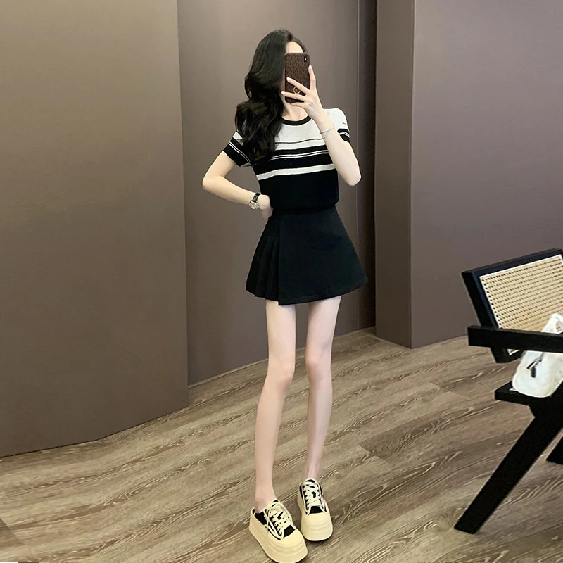 时尚套装夏季显瘦上衣针织衫短袖高腰短裙裤修身气质减龄两件套