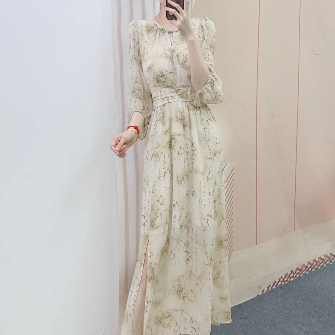 017竹子印花显瘦中式连衣裙4017/GJ