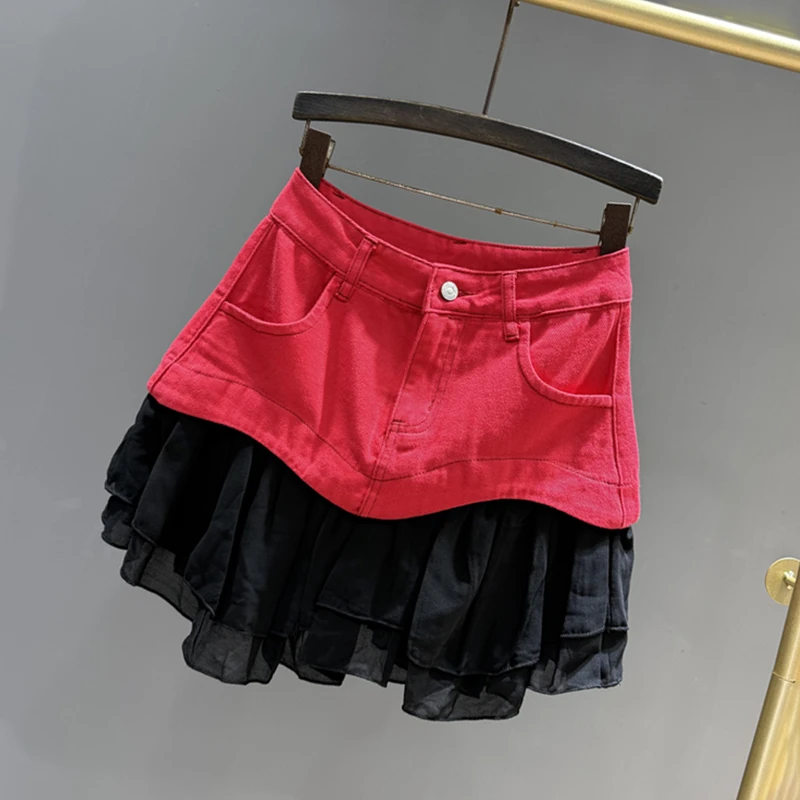 2025夏季新款减龄显瘦高腰辣妹蛋糕裙短裙子拼接网纱牛仔半身裙女