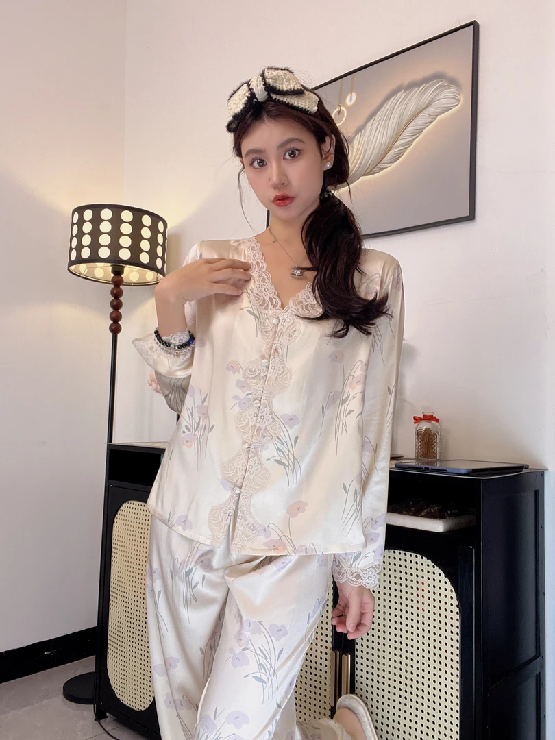 2025法式女士蕾丝睡衣女高级感春秋性感新中式国风家居服套装